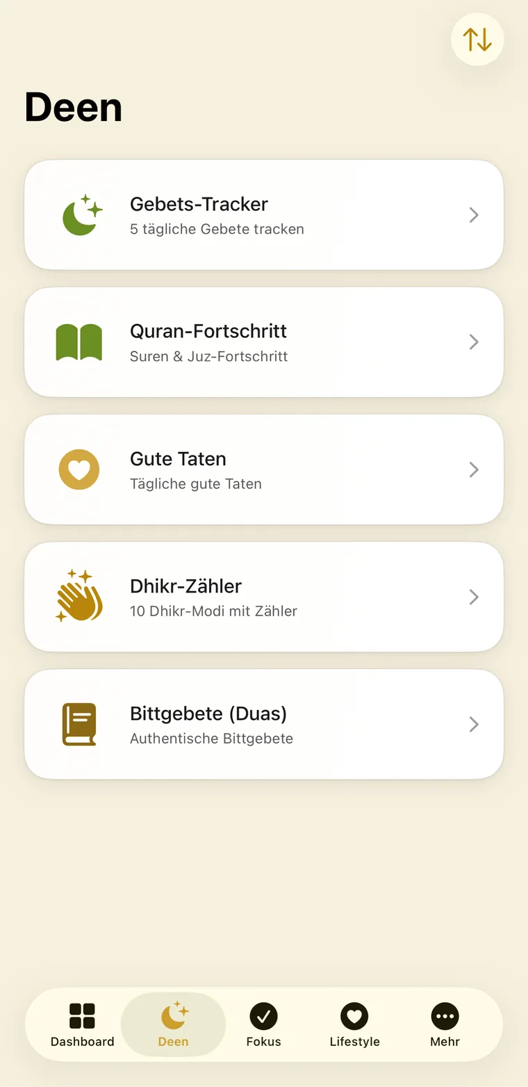 Amanah App auf dem iPhone, Bereich Deen: Gebets-Tracker, Qur’an-Fortschritt, Gute Taten, Dhikr-Zähler und Bittgebete
