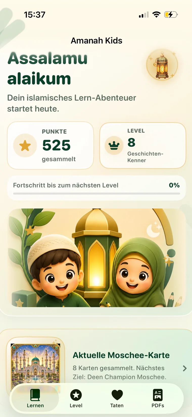 AmanahKids, Startseite mit Punkten, Level und den beiden Figuren